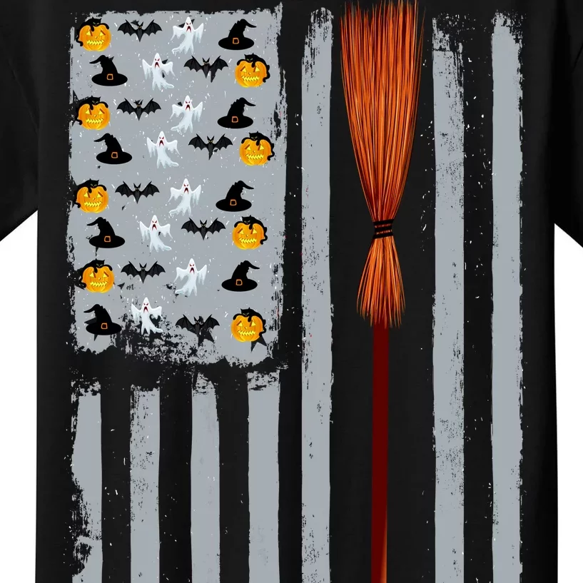 Halloween Flag Witches Broomstick American Flag USA Kids T-Shirt