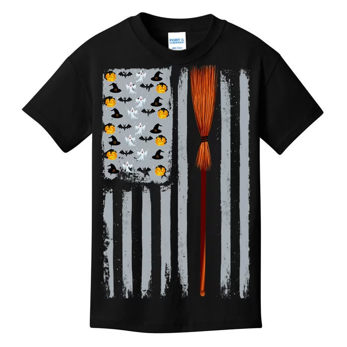 Halloween Flag Witches Broomstick American Flag USA Kids T-Shirt