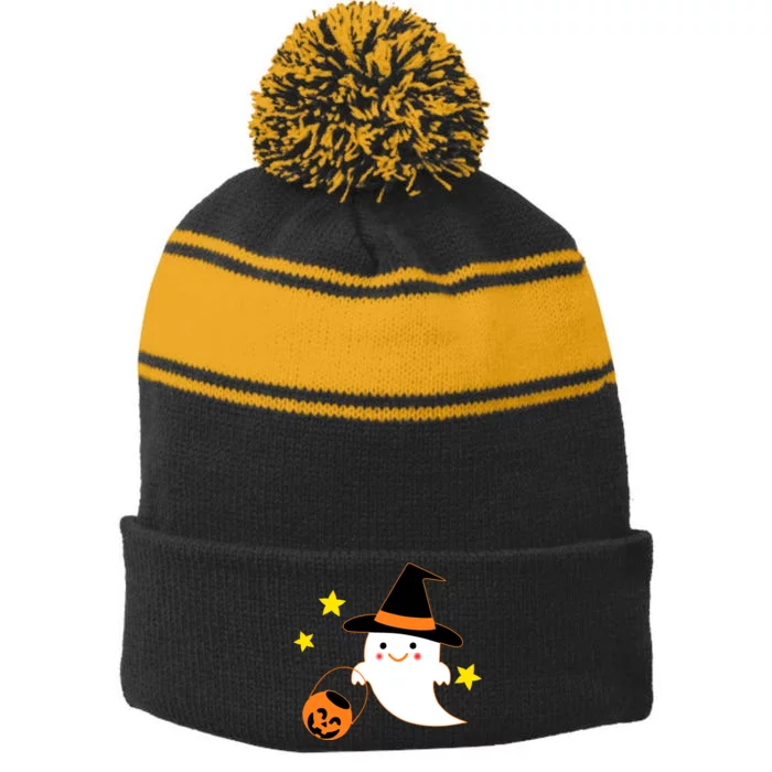 Halloween Ghost Kawaii Trick or Treating Pumpkin Stripe Pom Pom Beanie