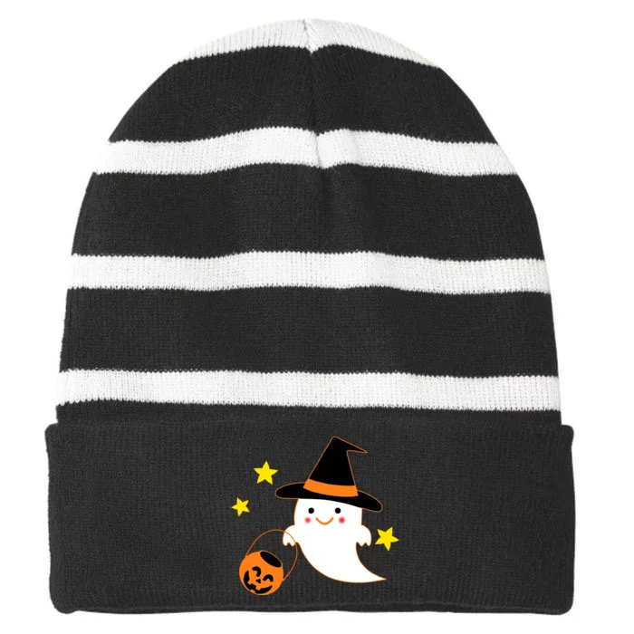 Halloween Ghost Kawaii Trick or Treating Pumpkin Striped Beanie with Solid Band