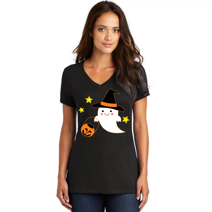 Halloween Ghost Kawaii Trick or Treating Pumpkin Women's V-Neck T-Shirt