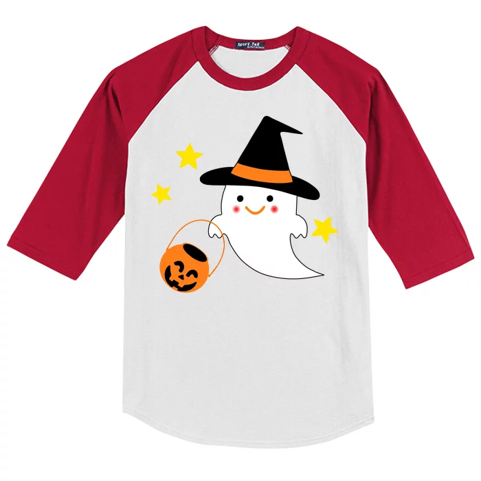 Halloween Ghost Kawaii Trick or Treating Pumpkin Kids Colorblock Raglan Jersey