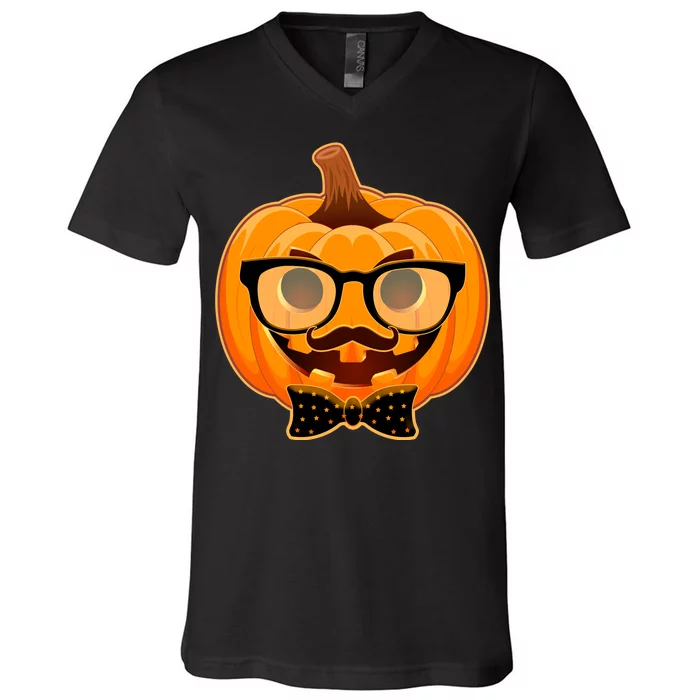 Halloween Hipster Pumpkin V-Neck T-Shirt