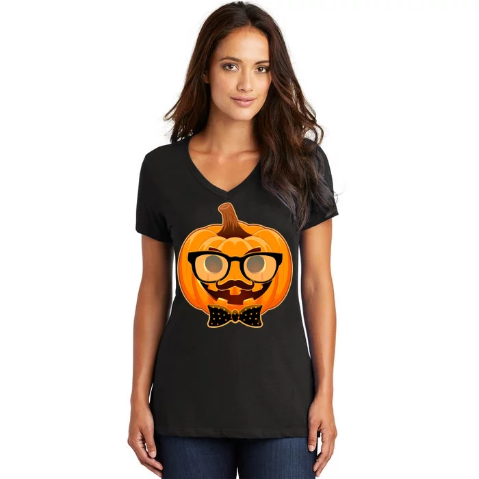 Halloween Hipster Pumpkin Women's V-Neck T-Shirt