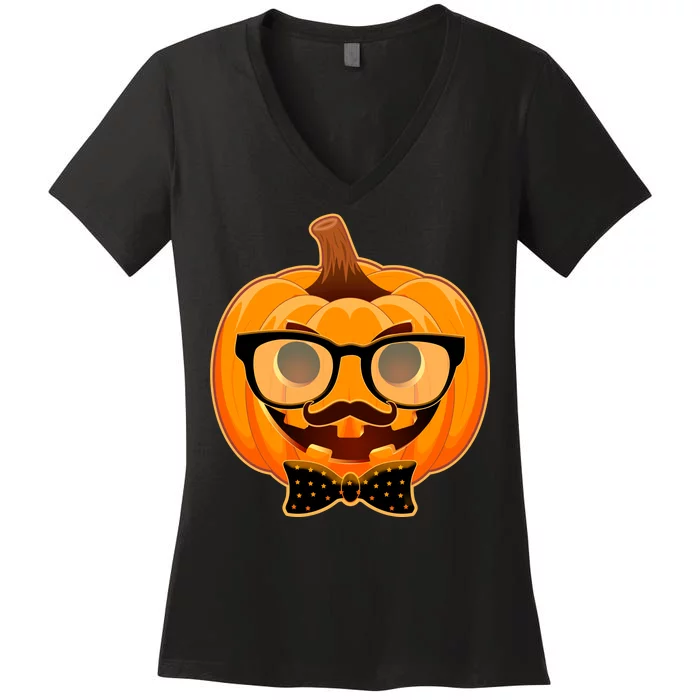 Halloween Hipster Pumpkin Women's V-Neck T-Shirt