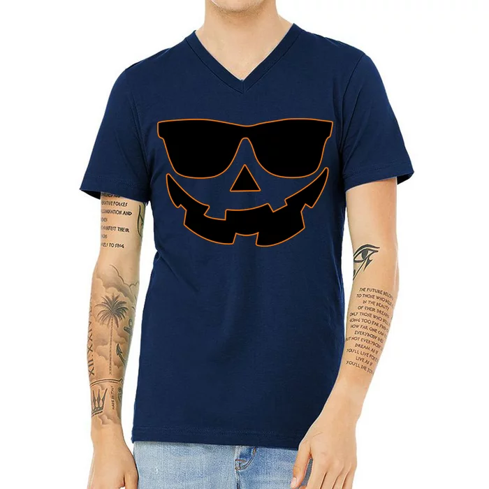 Halloween Jack-O- Lantern With Shades V-Neck T-Shirt