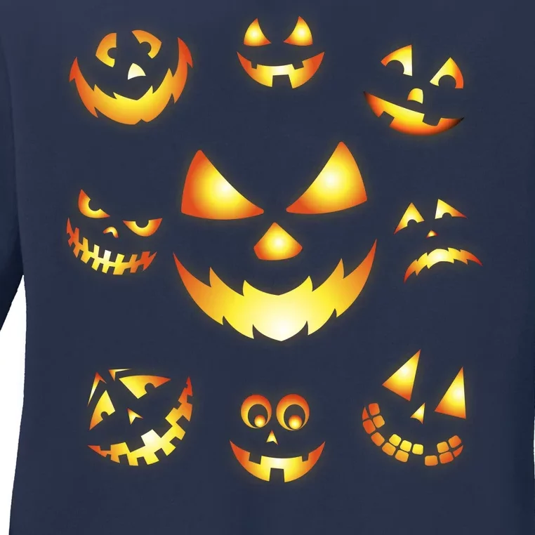 Halloween Jack O'Lantern Pumpkin Faces Ladies Long Sleeve Shirt