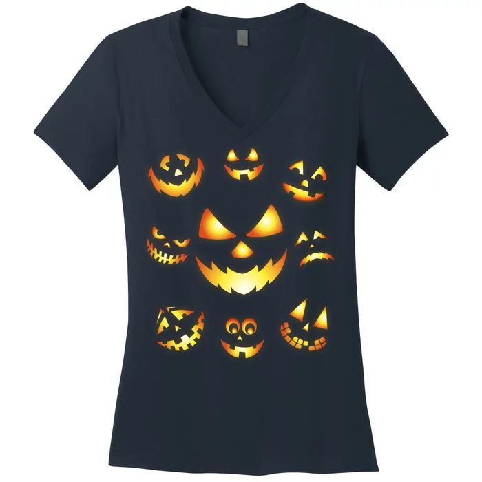 Halloween Jack O'Lantern Pumpkin Faces Women's V-Neck T-Shirt