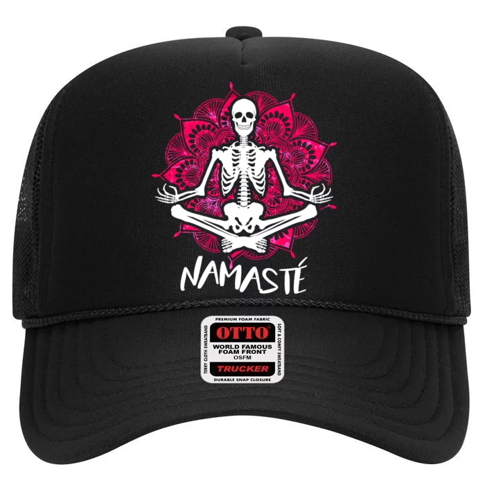 Halloween Namaste Skeleton High Crown Mesh Trucker Hat