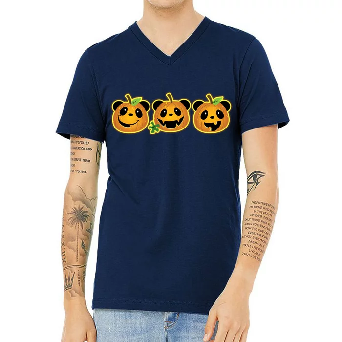 Halloween Panda Pumpkins V-Neck T-Shirt