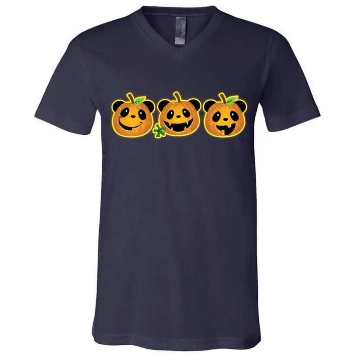 Halloween Panda Pumpkins V-Neck T-Shirt