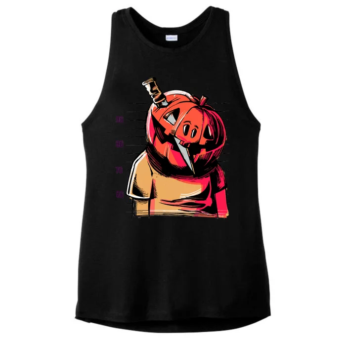 Halloween Pumpkin Head Knife Mug Shot Ladies Tri-Blend Wicking Tank