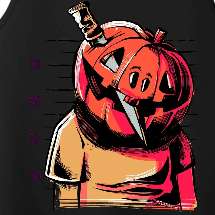 Halloween Pumpkin Head Knife Mug Shot Performance Tank