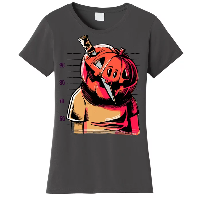 Halloween Pumpkin Head Knife Mug Shot Women's T-Shirt