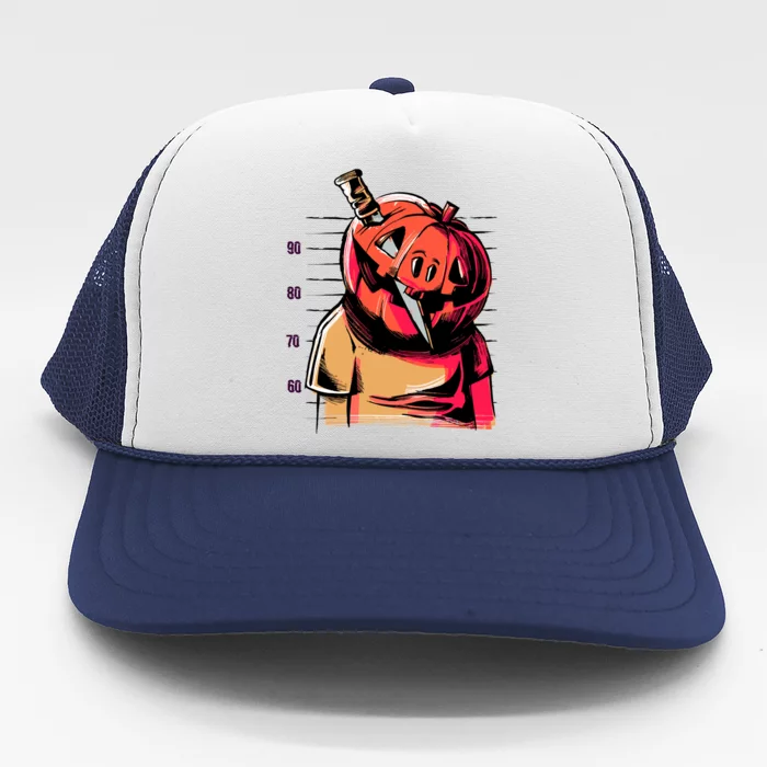 Halloween Pumpkin Head Knife Mug Shot Trucker Hat