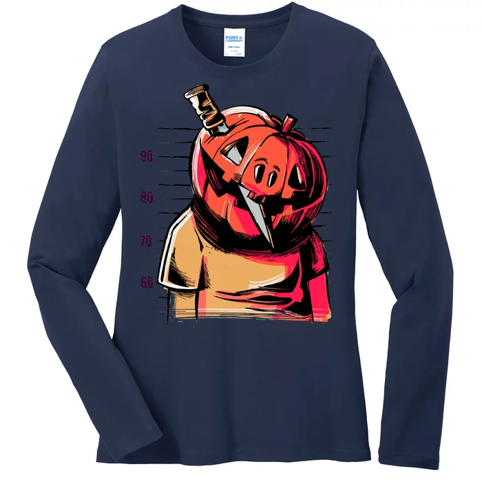 Halloween Pumpkin Head Knife Mug Shot Ladies Long Sleeve Shirt