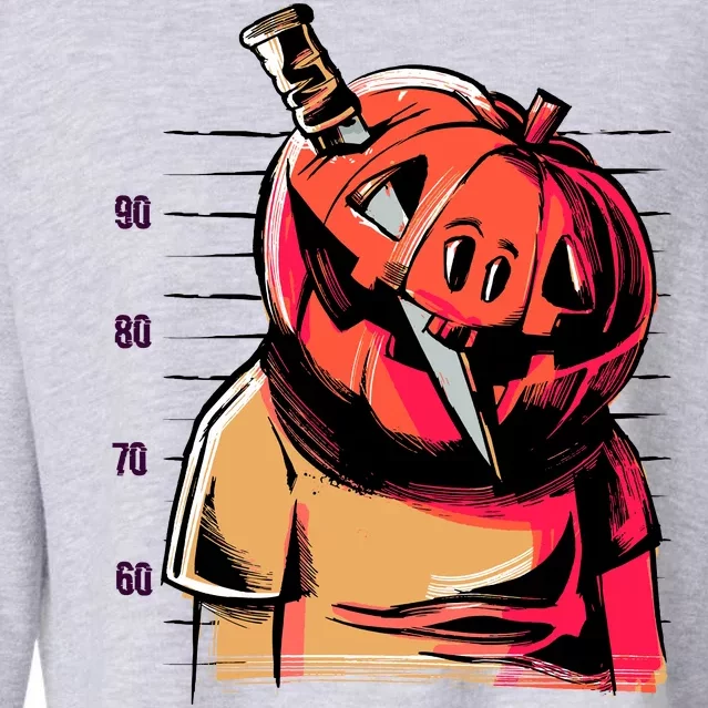 Halloween Pumpkin Head Knife Mug Shot Cropped Pullover Crew