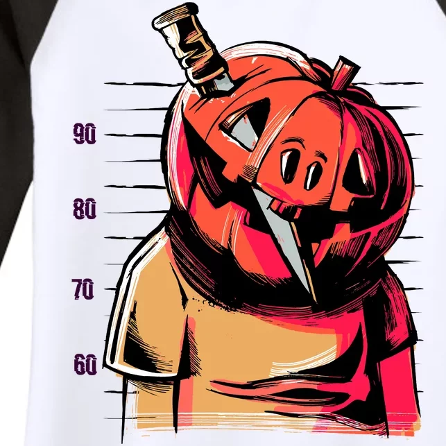 Halloween Pumpkin Head Knife Mug Shot Women's Tri-Blend 3/4-Sleeve Raglan Shirt