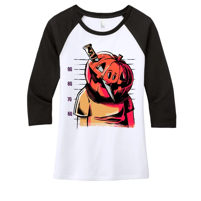 Halloween Pumpkin Head Knife Mug Shot Women's Tri-Blend 3/4-Sleeve Raglan Shirt