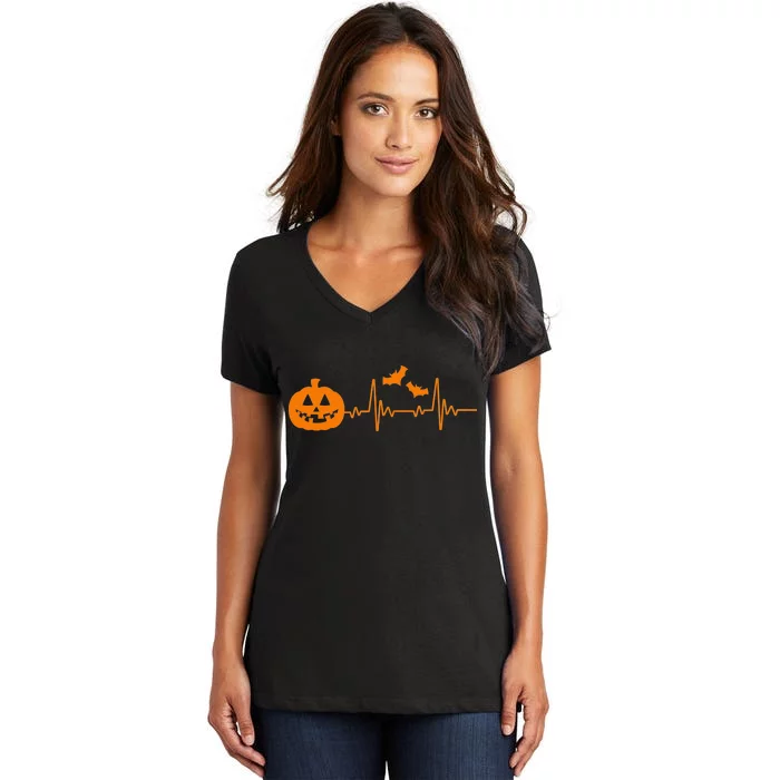 Halloween Pumpkin Heartbeat Pulse Women's V-Neck T-Shirt