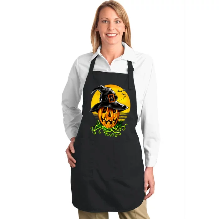 Halloween Pumpkin Wearing Witch Hat Full-Length Apron With Pocket