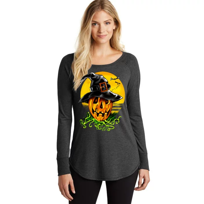 Halloween Pumpkin Wearing Witch Hat Women's Perfect Tri Tunic Long Sleeve Shirt