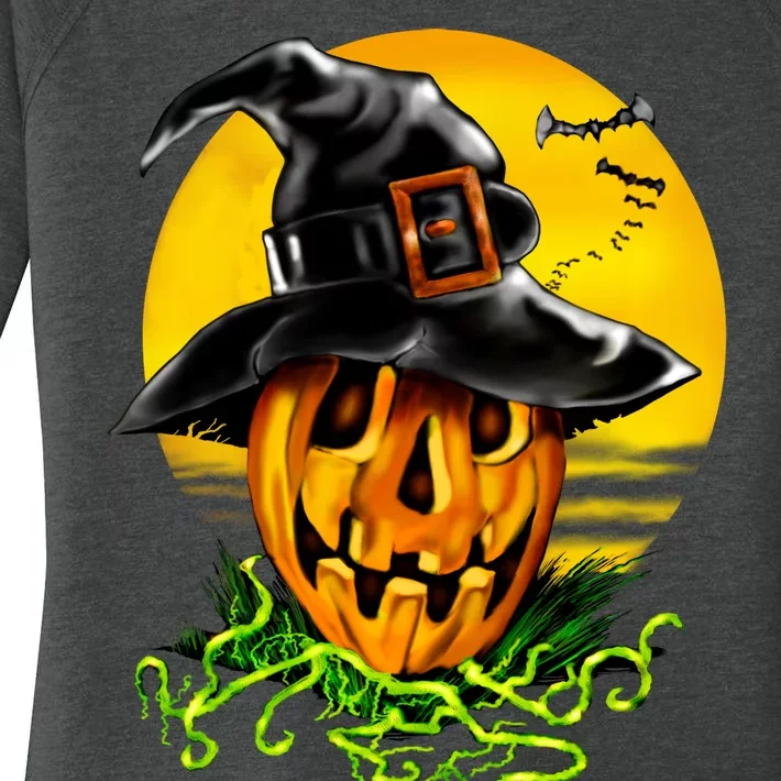 Halloween Pumpkin Wearing Witch Hat Women's Perfect Tri Tunic Long Sleeve Shirt