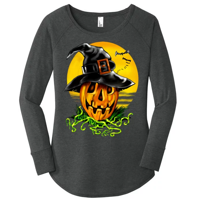 Halloween Pumpkin Wearing Witch Hat Women's Perfect Tri Tunic Long Sleeve Shirt