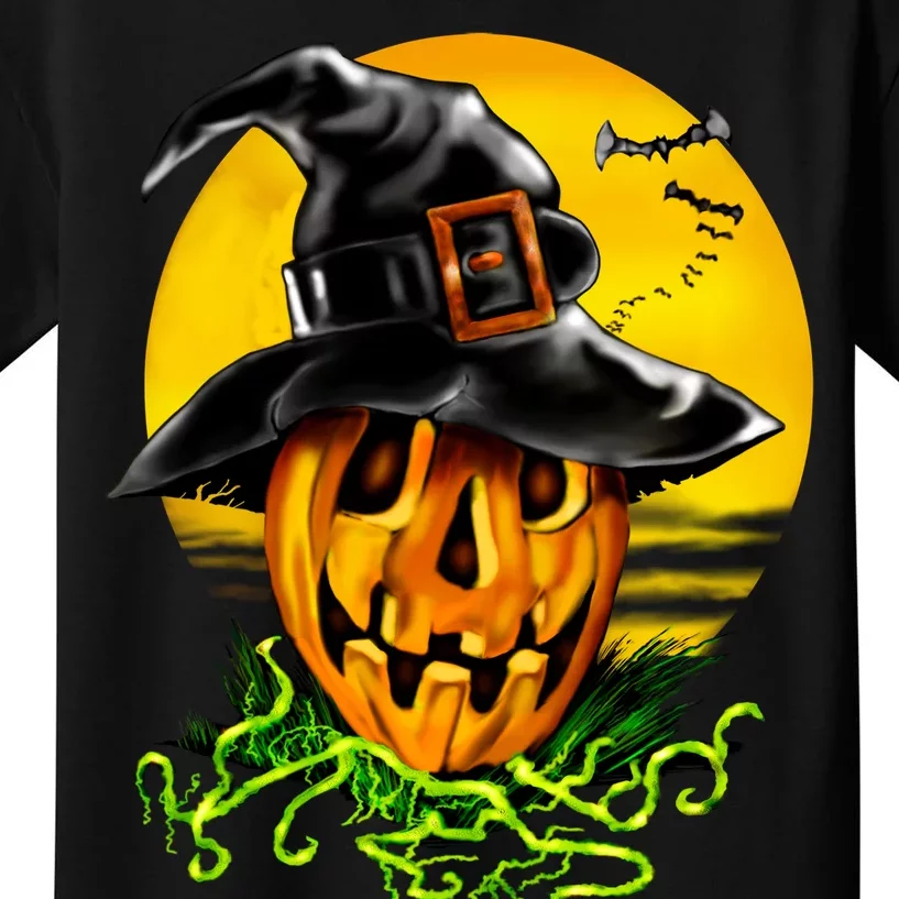 Halloween Pumpkin Wearing Witch Hat Kids T-Shirt