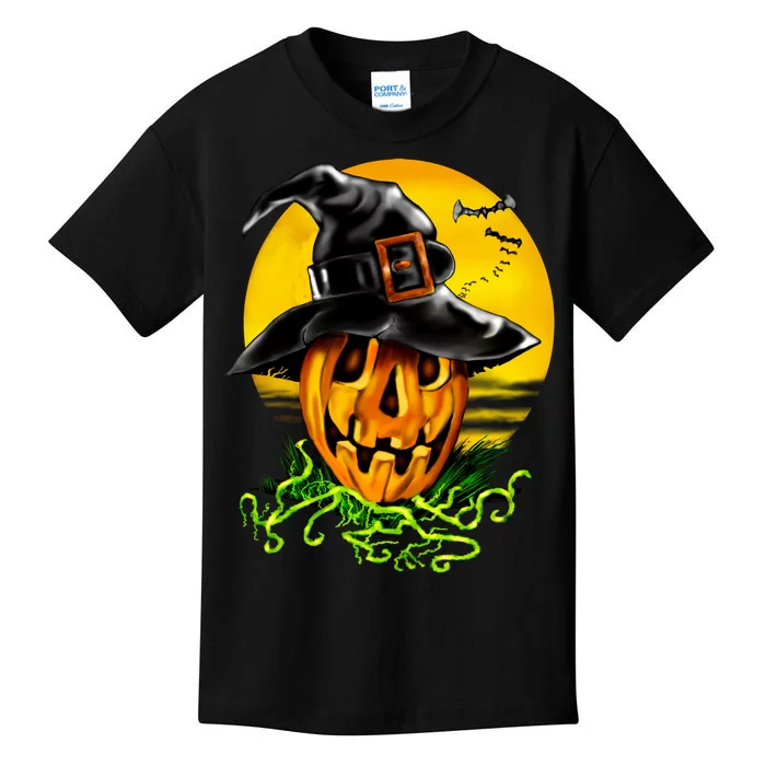 Halloween Pumpkin Wearing Witch Hat Kids T-Shirt