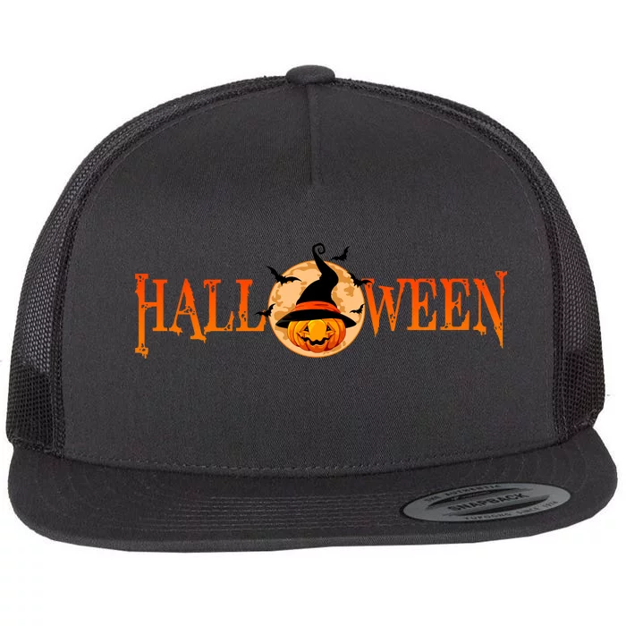 Halloween Pumpkin Witch Logo Flat Bill Trucker Hat