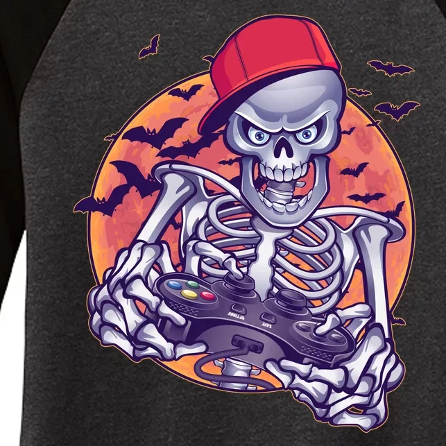 Halloween Video Gamer Skeleton Women's Tri-Blend 3/4-Sleeve Raglan Shirt