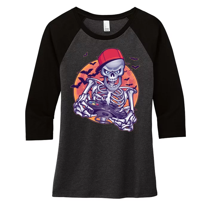 Halloween Video Gamer Skeleton Women's Tri-Blend 3/4-Sleeve Raglan Shirt