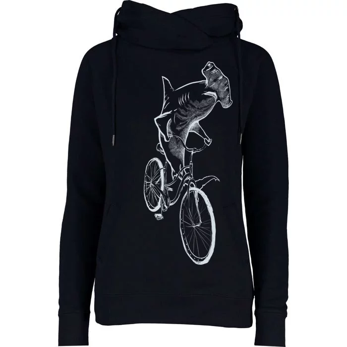 Hammerhead Shark Riding Bicycle Womens Funnel Neck Pullover Hood