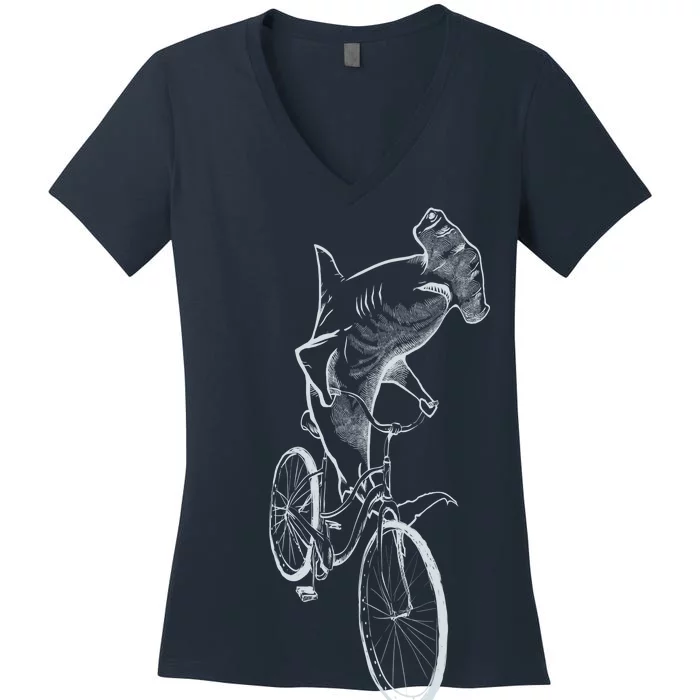 Hammerhead Shark Riding Bicycle Women's V-Neck T-Shirt