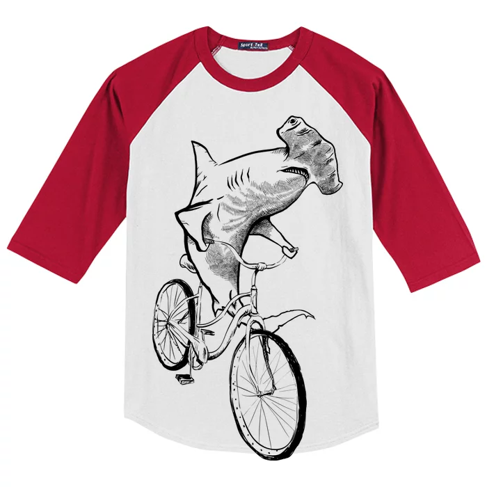 Hammerhead Shark Riding Bicycle Kids Colorblock Raglan Jersey