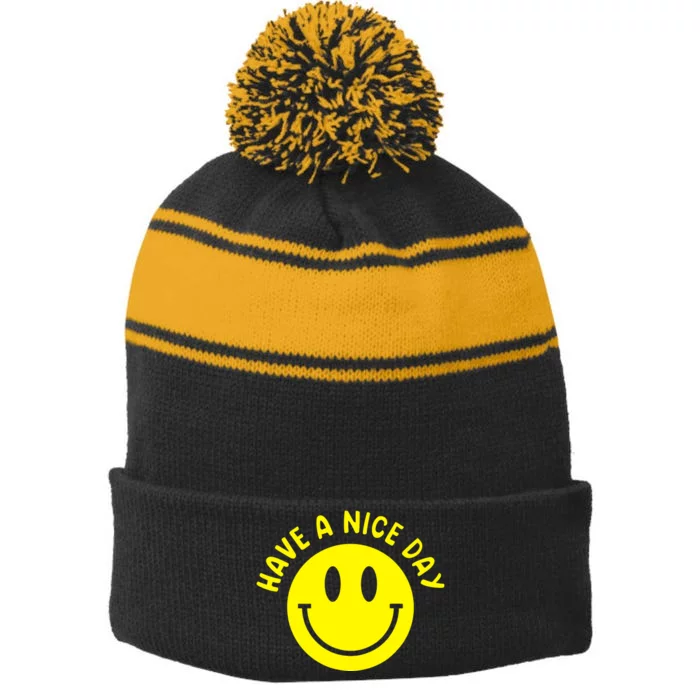 Have A Nice Day Smile Happy Face Stripe Pom Pom Beanie