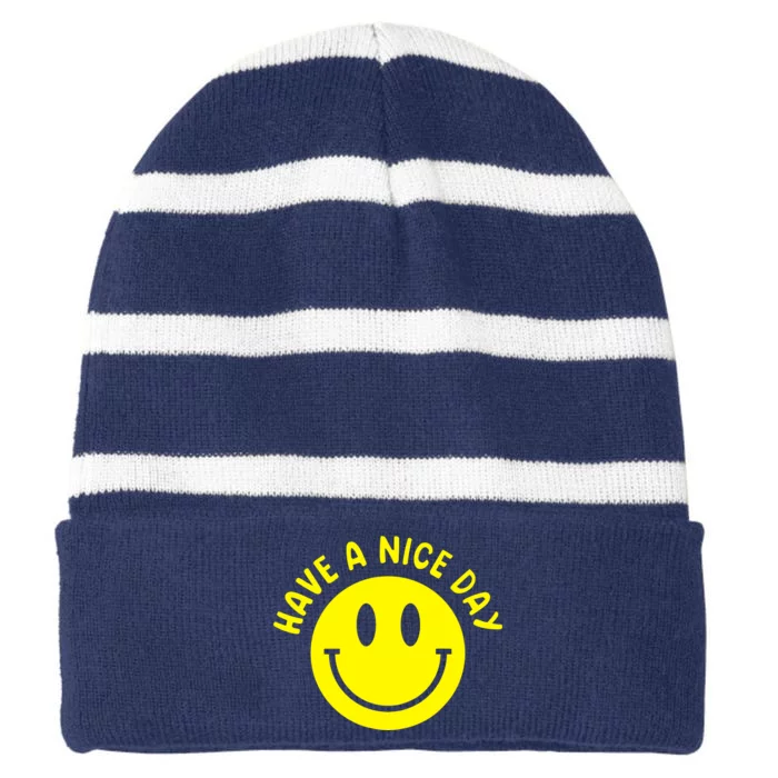 Have A Nice Day Smile Happy Face Striped Beanie with Solid Band