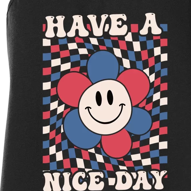 Have A Nice Day 4th Of July Funny Smiley Flower Red White Blue Women's Racerback Tank