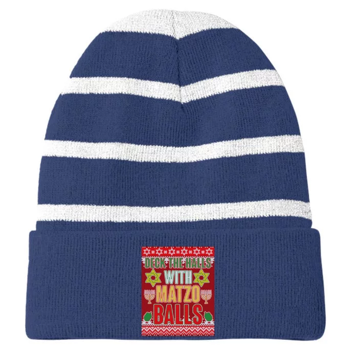 Hanukkah Deck the Halls with Matzo Balls Ugly Striped Beanie with Solid Band