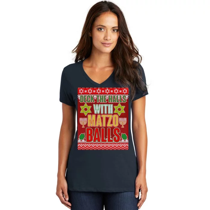 Hanukkah Deck the Halls with Matzo Balls Ugly Women's V-Neck T-Shirt