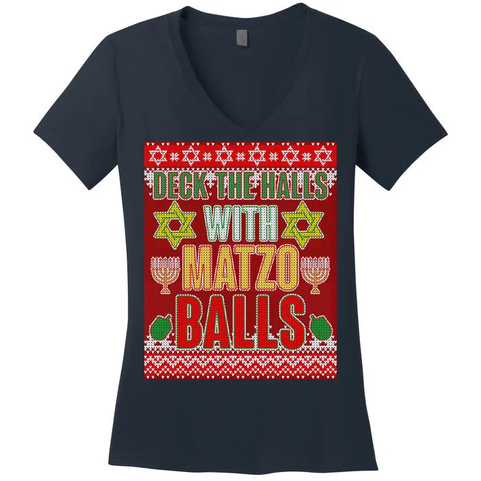 Hanukkah Deck the Halls with Matzo Balls Ugly Women's V-Neck T-Shirt