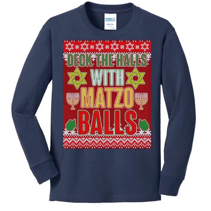 Hanukkah Deck the Halls with Matzo Balls Ugly Kids Long Sleeve Shirt