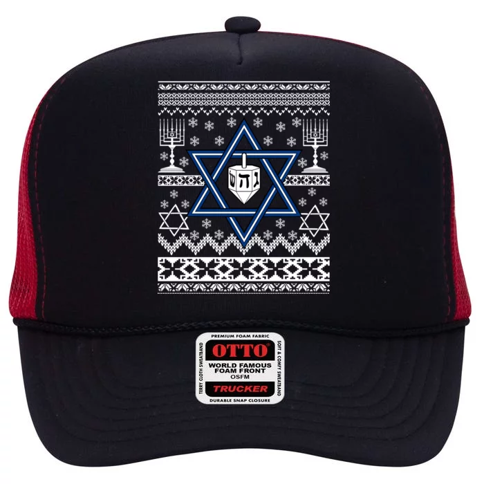 Hanukkah Ugly Christmas Sweater High Crown Mesh Trucker Hat