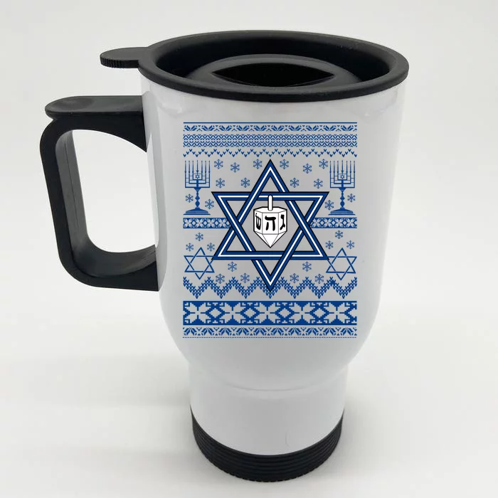 Hanukkah Ugly Christmas Sweater Front & Back Stainless Steel Travel Mug