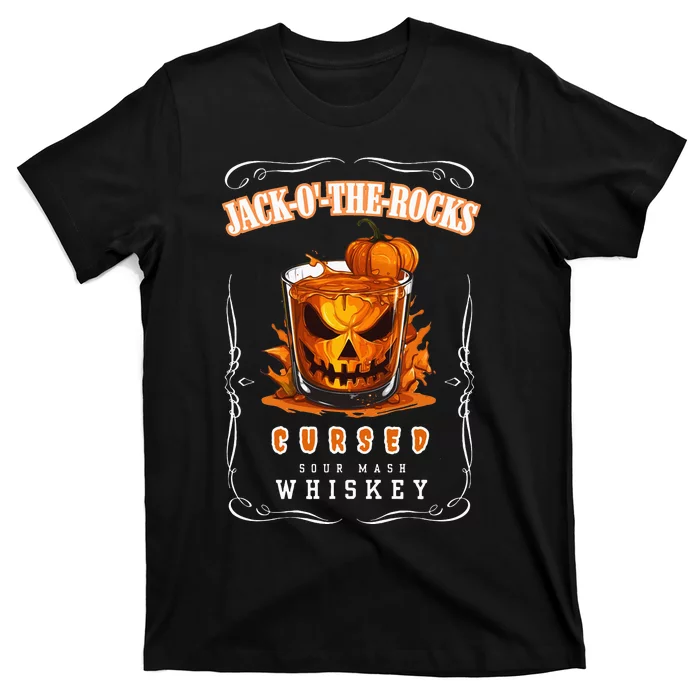 Halloween Adult Party Jack O The Rocks Spooky Whiskey Label T-Shirt