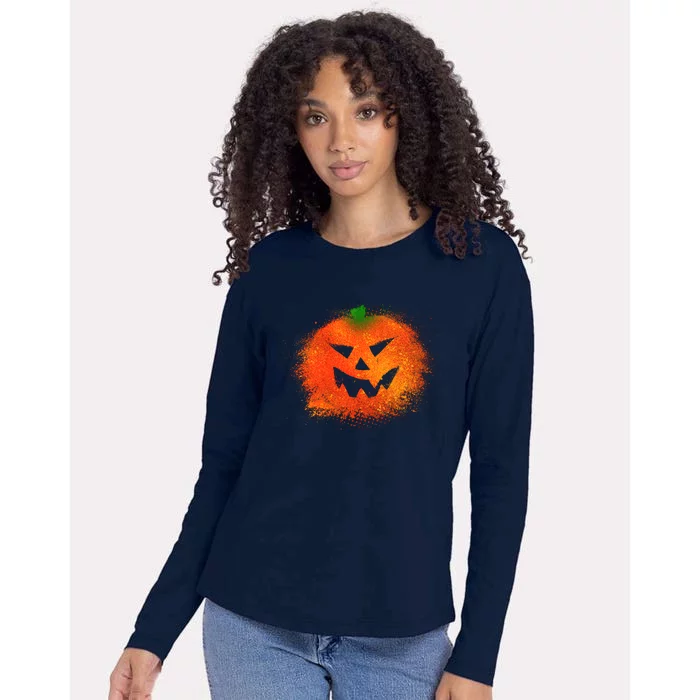 Halloween Airbrush Paint Splatter Jackolantern Pumpkin Womens Cotton Relaxed Long Sleeve T-Shirt