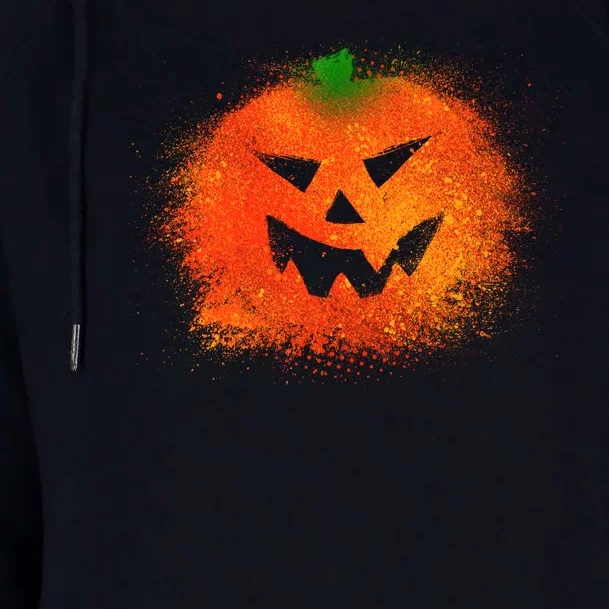 Halloween Airbrush Paint Splatter Jackolantern Pumpkin Womens Funnel Neck Pullover Hood