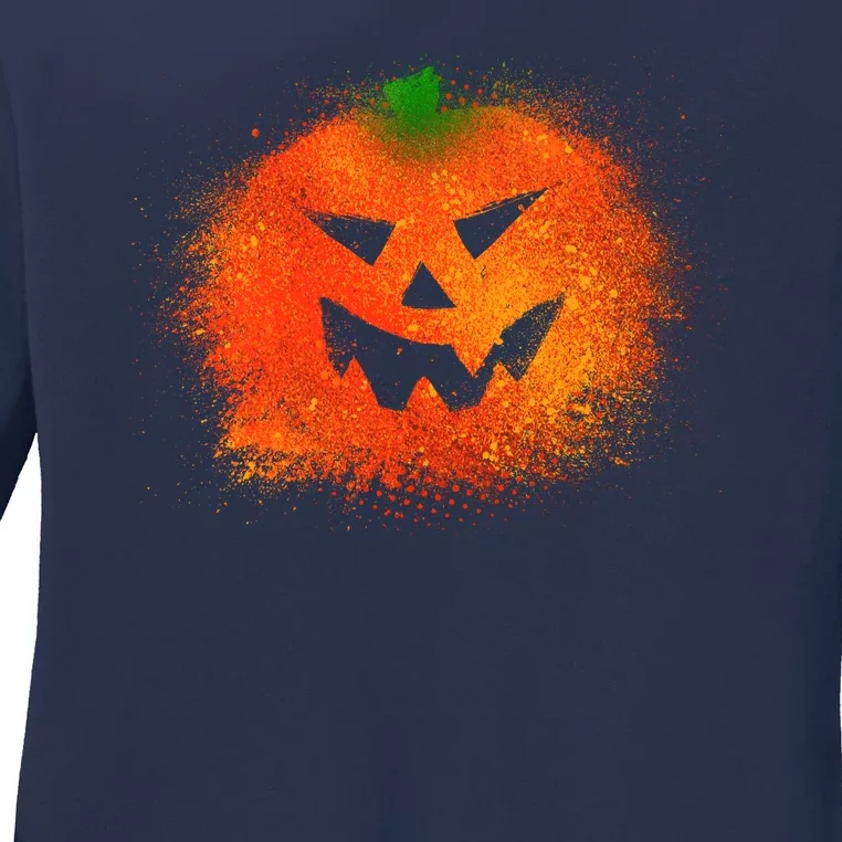 Halloween Airbrush Paint Splatter Jackolantern Pumpkin Ladies Long Sleeve Shirt