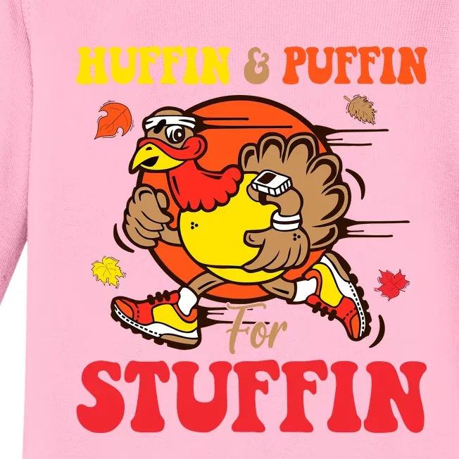 Huffin And Puffin Stuffin Thanksgiving Cute Turkey Run Trot Baby Long Sleeve Bodysuit